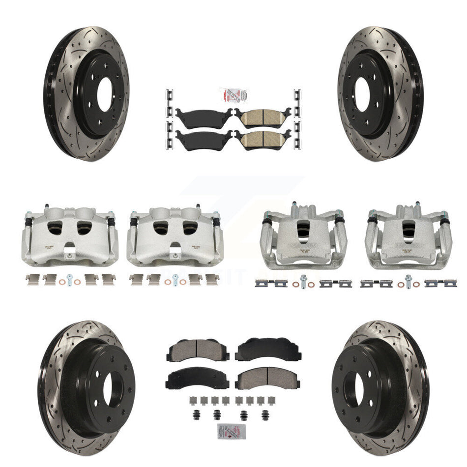 Front Rear Disc Brake Coated Caliper Drilled Slotted Rotors And Ceramic Pads Kit (10Pc) For 2012-2014 Ford F-150 With 7 Lug Wheels KCD-100689N