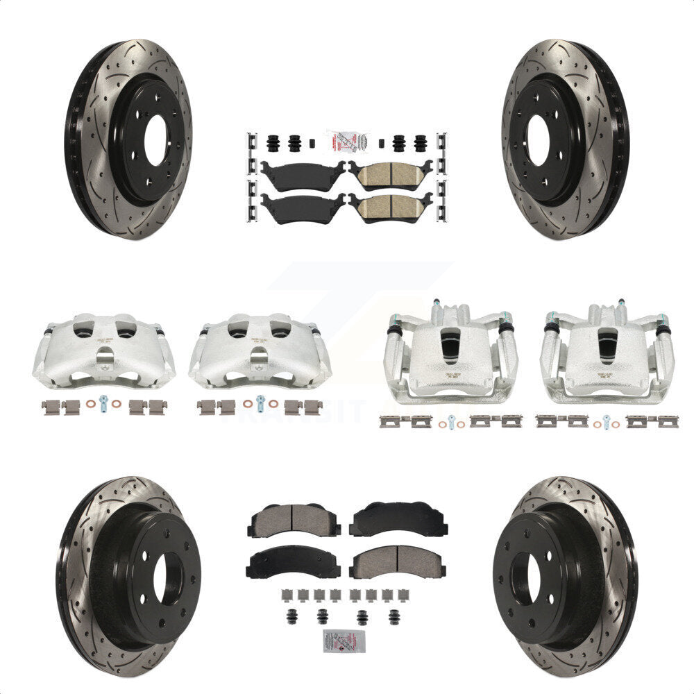 Front Rear Disc Brake Coated Caliper Drilled Slotted Rotors And Ceramic Pads Kit (10Pc) For 2012-2014 Ford F-150 With 7 Lug Wheels KCD-100690N by Transit Auto