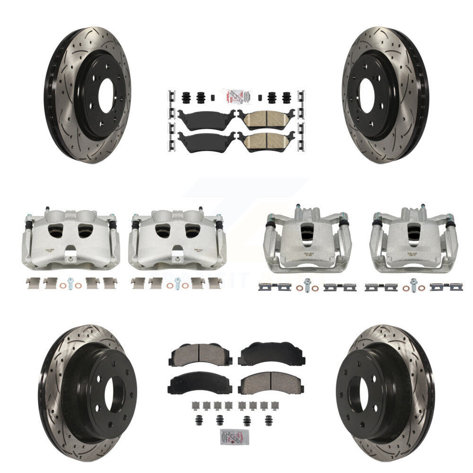 Front Rear Disc Brake Coated Caliper Drilled Slotted Rotors And Ceramic Pads Kit (10Pc) For 2012-2014 Ford F-150 With 7 Lug Wheels KCD-100690N