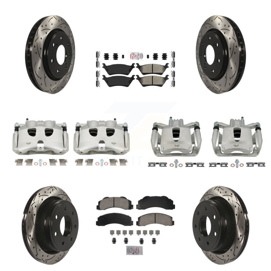 Front Rear Disc Brake Coated Caliper Drilled Slotted Rotors And Semi-Metallic Pads Kit (10Pc) For 2012-2014 Ford F-150 With 7 Lug Wheels KCD-100691N