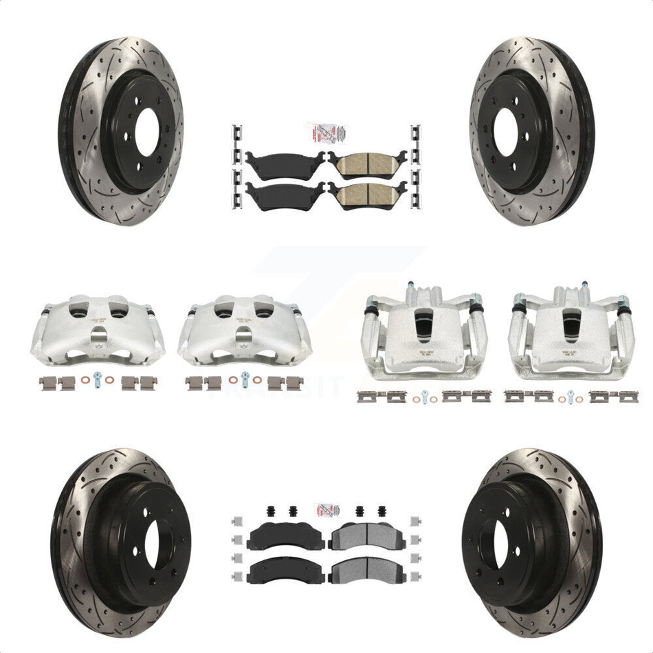 Front Rear Disc Brake Coated Caliper Drilled Slotted Rotors And PADSMATERIAL Pads Kit (10Pc) For Ford F-150 KCD-100692N by Transit Auto