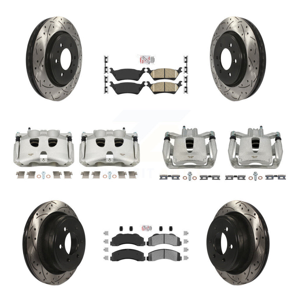 Front Rear Disc Brake Coated Caliper Drilled Slotted Rotors And PADSMATERIAL Pads Kit (10Pc) For Ford F-150 KCD-100692N