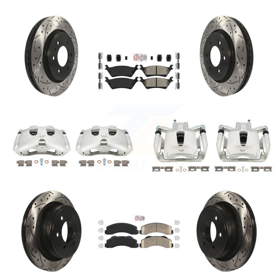 Front Rear Disc Brake Coated Caliper Drilled Slotted Rotors And PADSMATERIAL Pads Kit (10Pc) For Ford F-150 KCD-100697N by Transit Auto