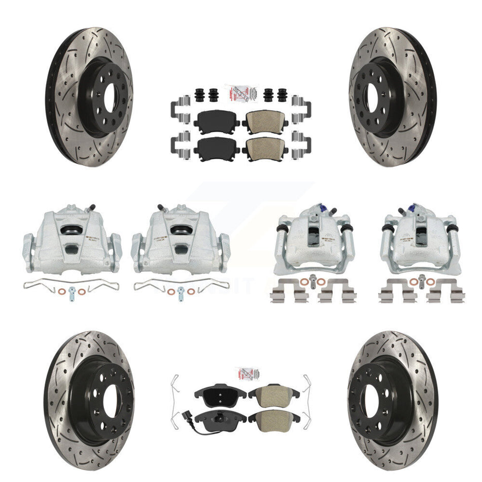 Front Rear Disc Brake Coated Caliper Drilled Slotted Rotors And PADSMATERIAL Pads Kit (10Pc) For 2009-2011 Volkswagen Tiguan KCD-100751N