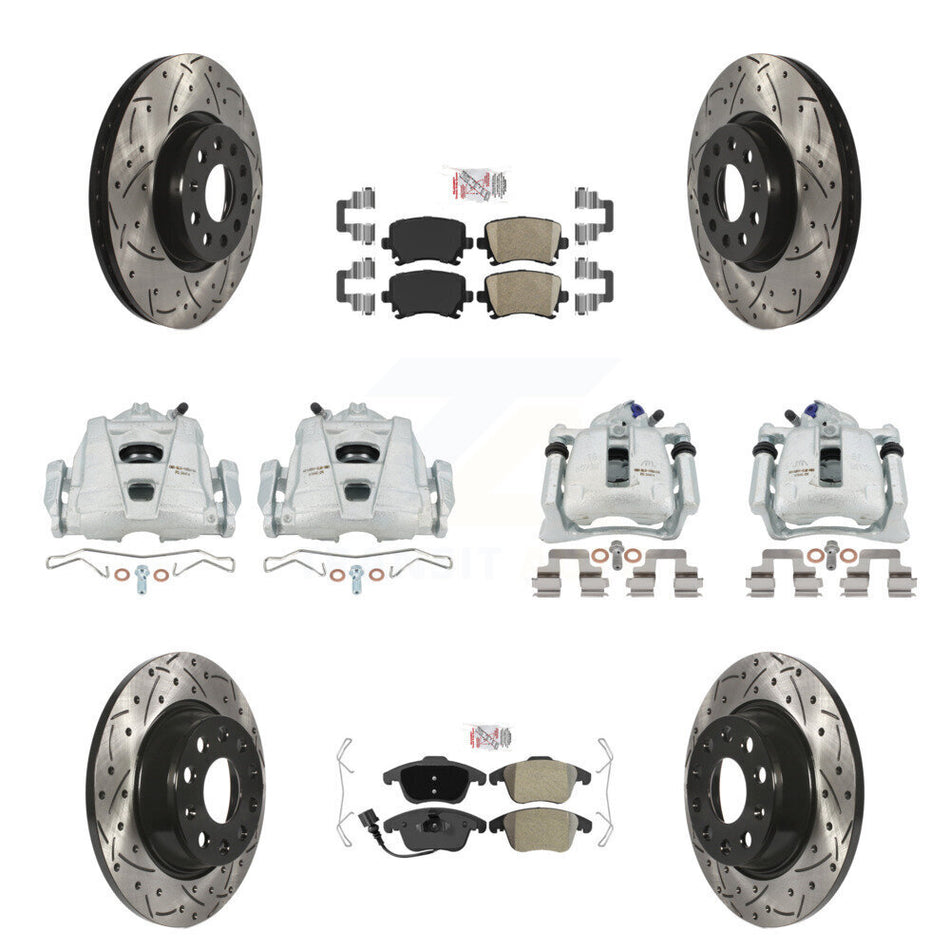 Front Rear Disc Brake Coated Caliper Drilled Slotted Rotors And PADSMATERIAL Pads Kit (10Pc) For 2009-2011 Volkswagen Tiguan KCD-100752N
