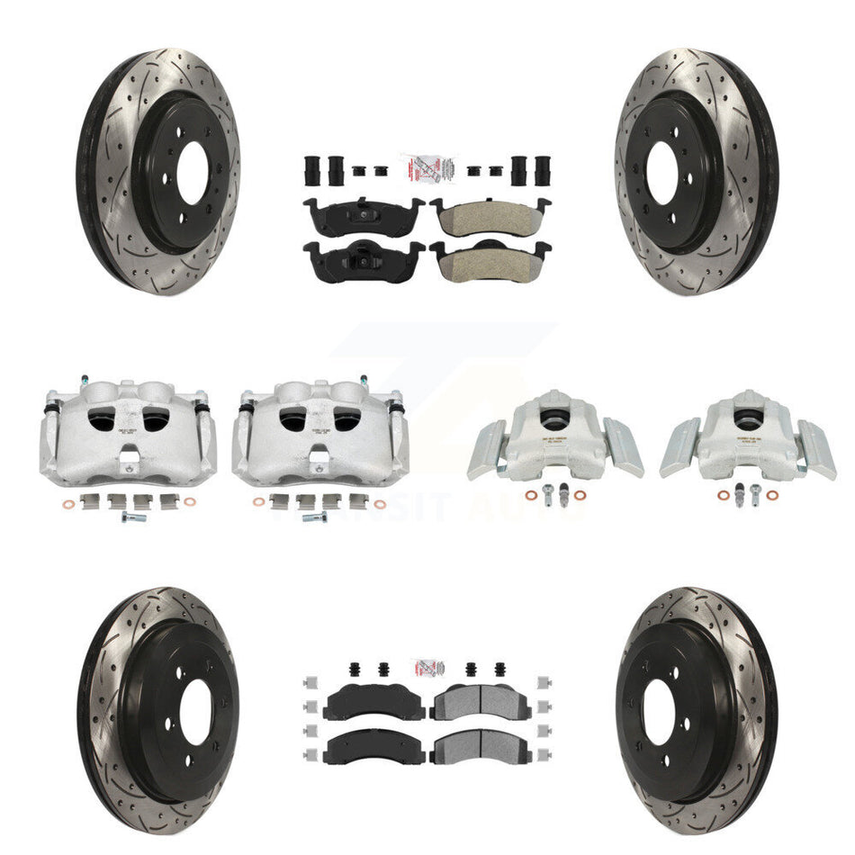 Front Rear Disc Brake Coated Caliper Drilled Slotted Rotors And Semi-Metallic Pads Kit (10Pc) For 2010-2017 Ford Expedition Lincoln Navigator KCD-100758N