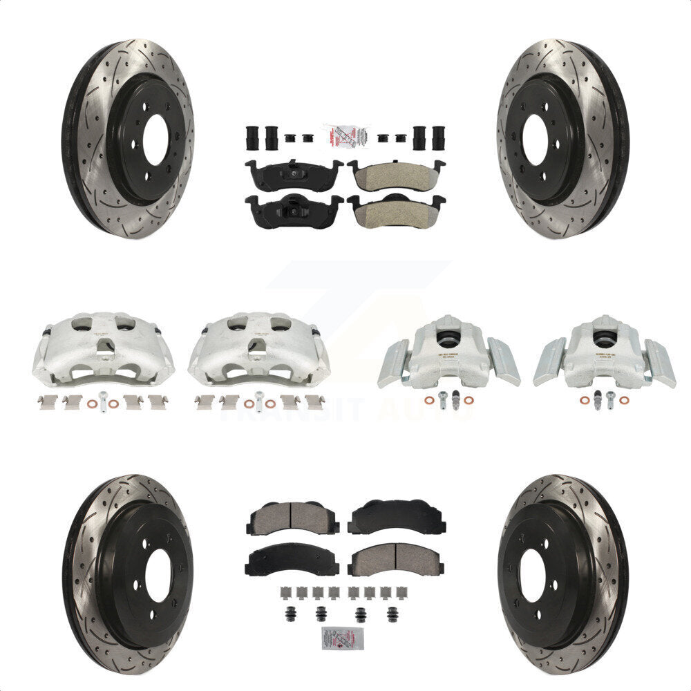 Front Rear Disc Brake Coated Caliper Drilled Slotted Rotors And Semi-Metallic Pads Kit (10Pc) For 2010-2017 Ford Expedition Lincoln Navigator KCD-100760N by Transit Auto