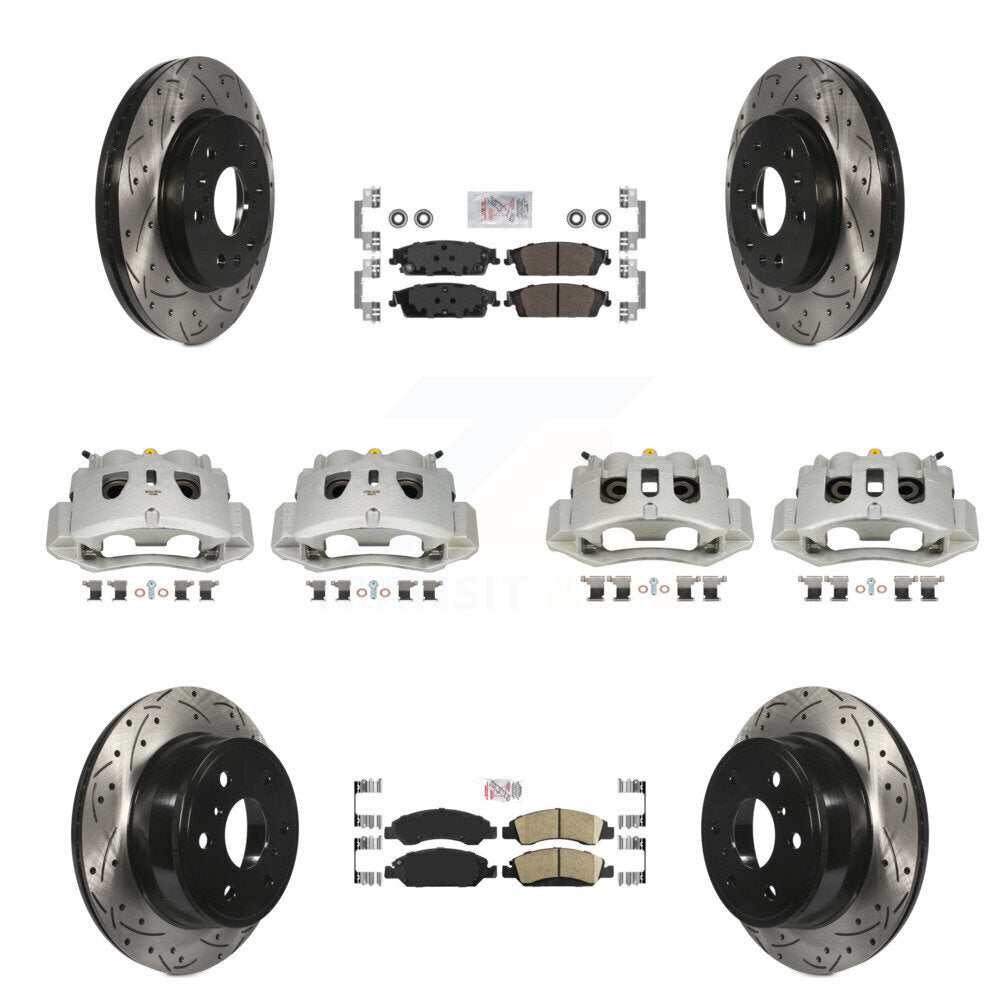 Front Rear Disc Brake Coated Caliper Drill Slotted Rotors Ameribrakes Pad Kit (10Pc) For KCD-100832N
