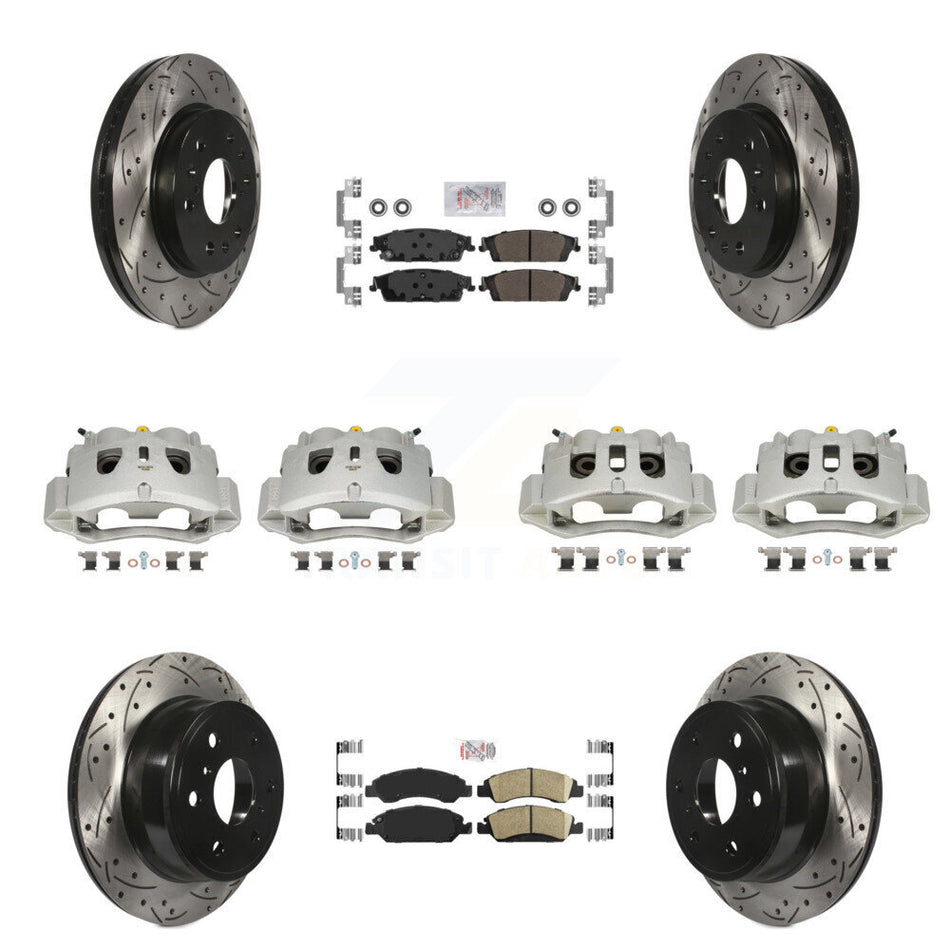 Front Rear Disc Brake Coated Caliper Drill Slotted Rotors Ameribrakes Pad Kit (10Pc) For KCD-100832N