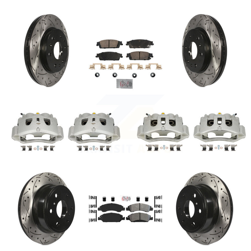 Front Rear Disc Brake Coated Caliper Drill Slotted Rotors Ameribrakes Pad Kit (10Pc) For KCD-100834N
