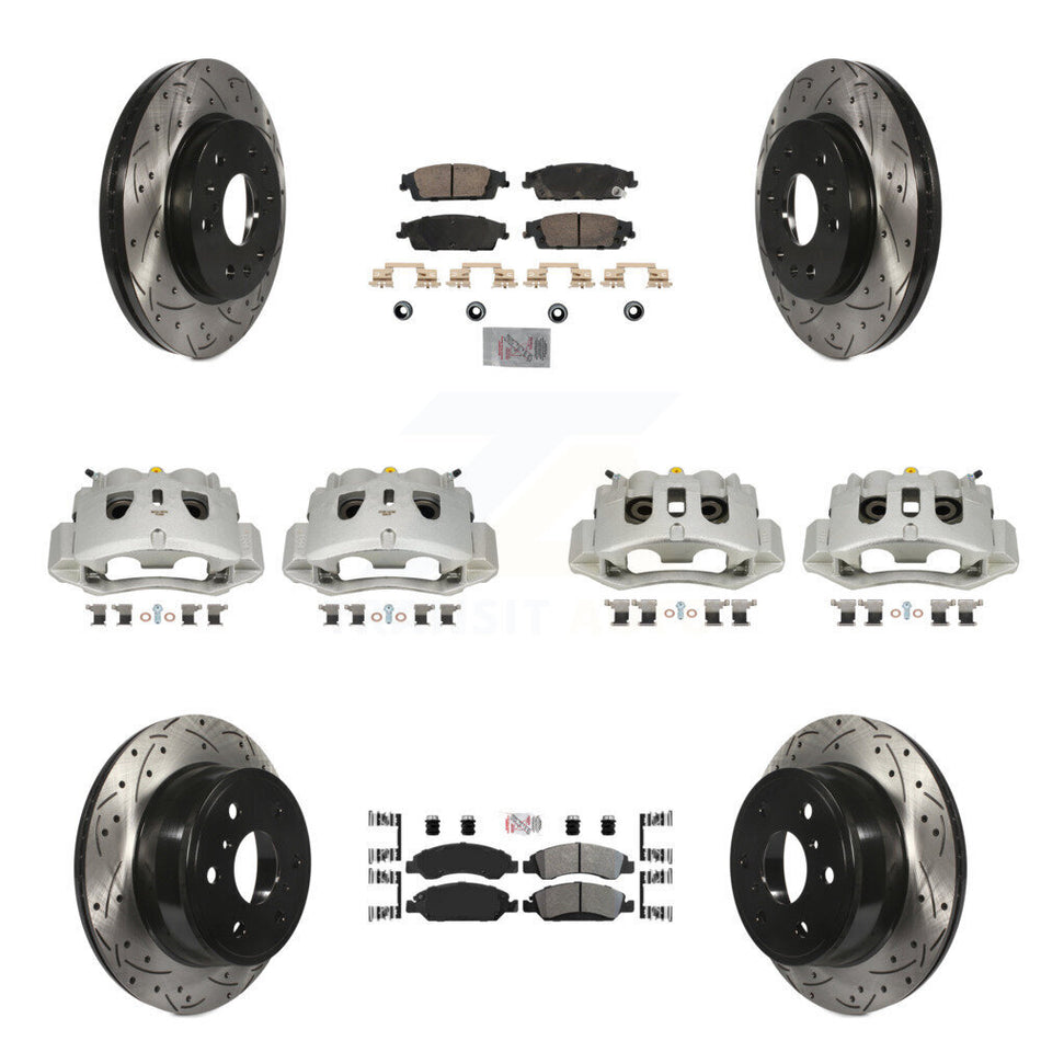 Front Rear Disc Brake Coated Caliper Drill Slotted Rotors Ameribrakes Pad Kit (10Pc) For KCD-100834N
