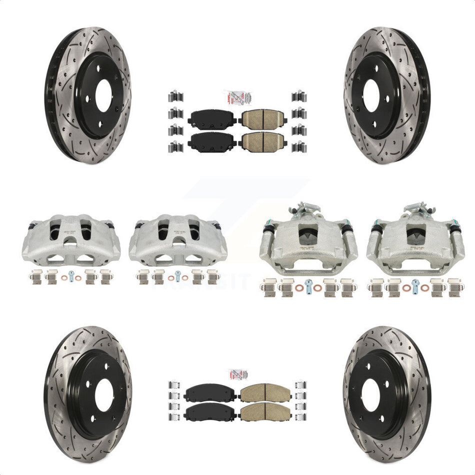 Front Rear Disc Brake Coated Caliper Drilled Slotted Rotors And Ceramic Pads Kit (10Pc) For 2017-2018 Dodge Grand Caravan With Single Piston KCD-101049N by Transit Auto