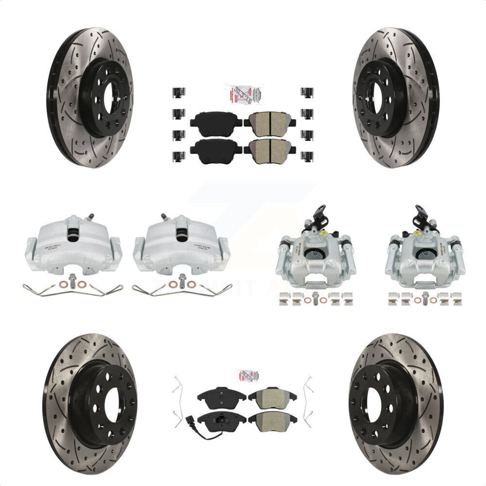 Front Rear Disc Brake Coated Caliper Drill Slotted Rotors Semi-Metallic Pad Kit (10Pc) For 2012 Volkswagen Beetle 2.5L with Naturally Aspirated With 288mm Diameter Rotor KCD-101167N by Transit Auto