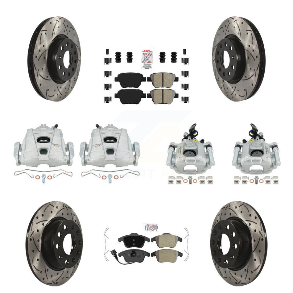 Front Rear Disc Brake Coated Caliper Drilled Slotted Rotors And Semi-Metallic Pads Kit (10Pc) For Volkswagen Passat KCD-101170N by Transit Auto