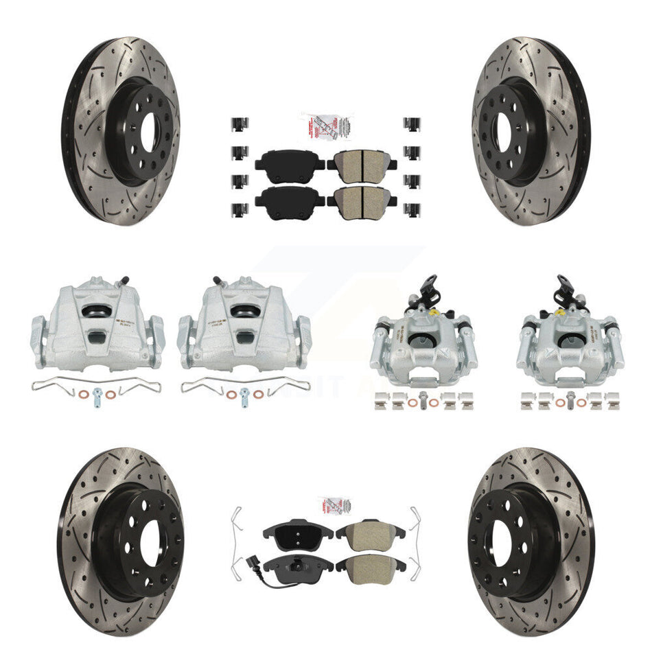 Front Rear Disc Brake Coated Caliper Drilled Slotted Rotors And Semi-Metallic Pads Kit (10Pc) For Volkswagen Passat KCD-101171N