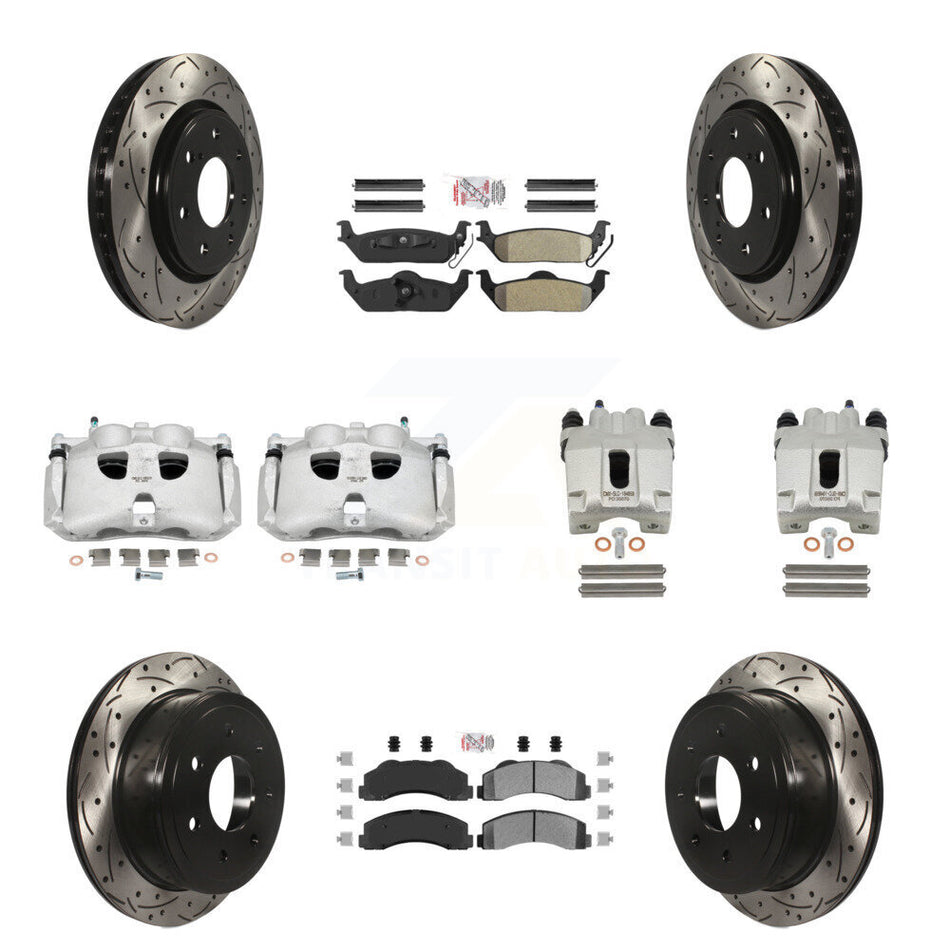 Front Rear Disc Brake Coated Caliper Drilled Slotted Rotors And Semi-Metallic Pads Kit (10Pc) For 2010-2011 Ford F-150 With 7 Lug Wheels KCD-101172N
