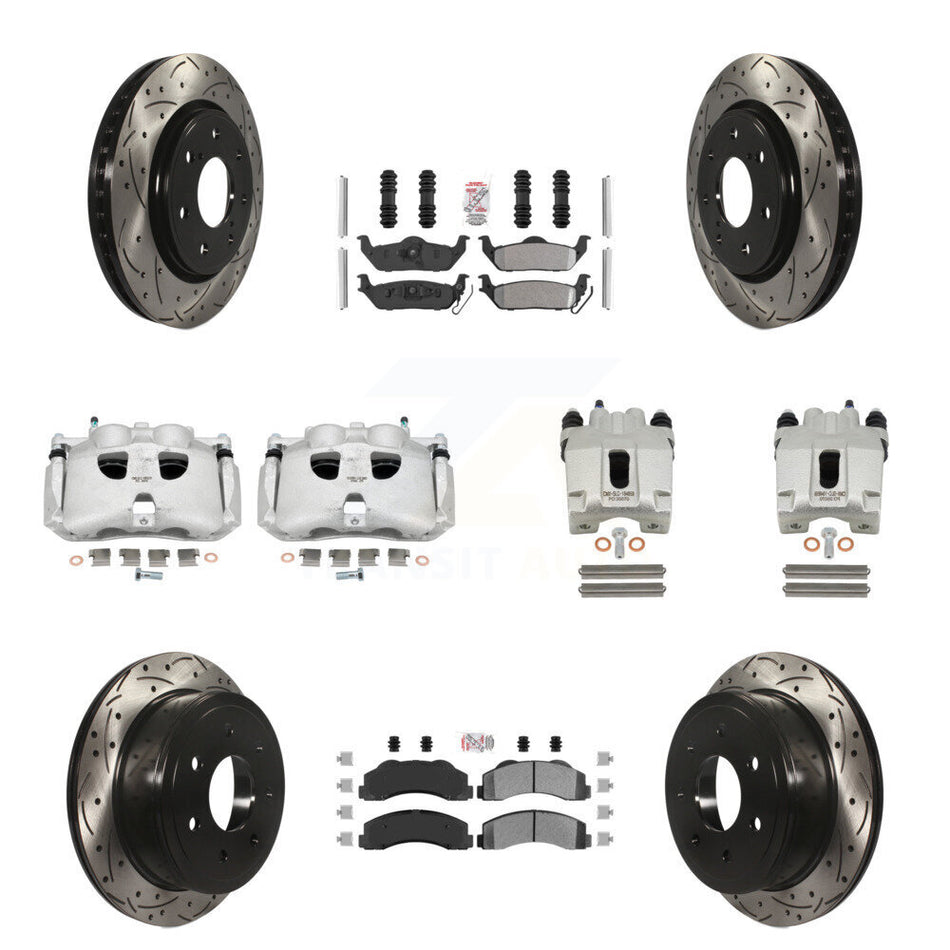 Front Rear Disc Brake Coated Caliper Drilled Slotted Rotors And Semi-Metallic Pads Kit (10Pc) For 2010-2011 Ford F-150 With 7 Lug Wheels KCD-101173N