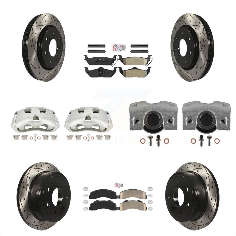 Front Rear Disc Brake Coated Caliper Drilled Slotted Rotors And PADSMATERIAL Pads Kit (10Pc) For 2010-2011 Ford F-150 With 7 Lug Wheels KCD-101174N by Transit Auto