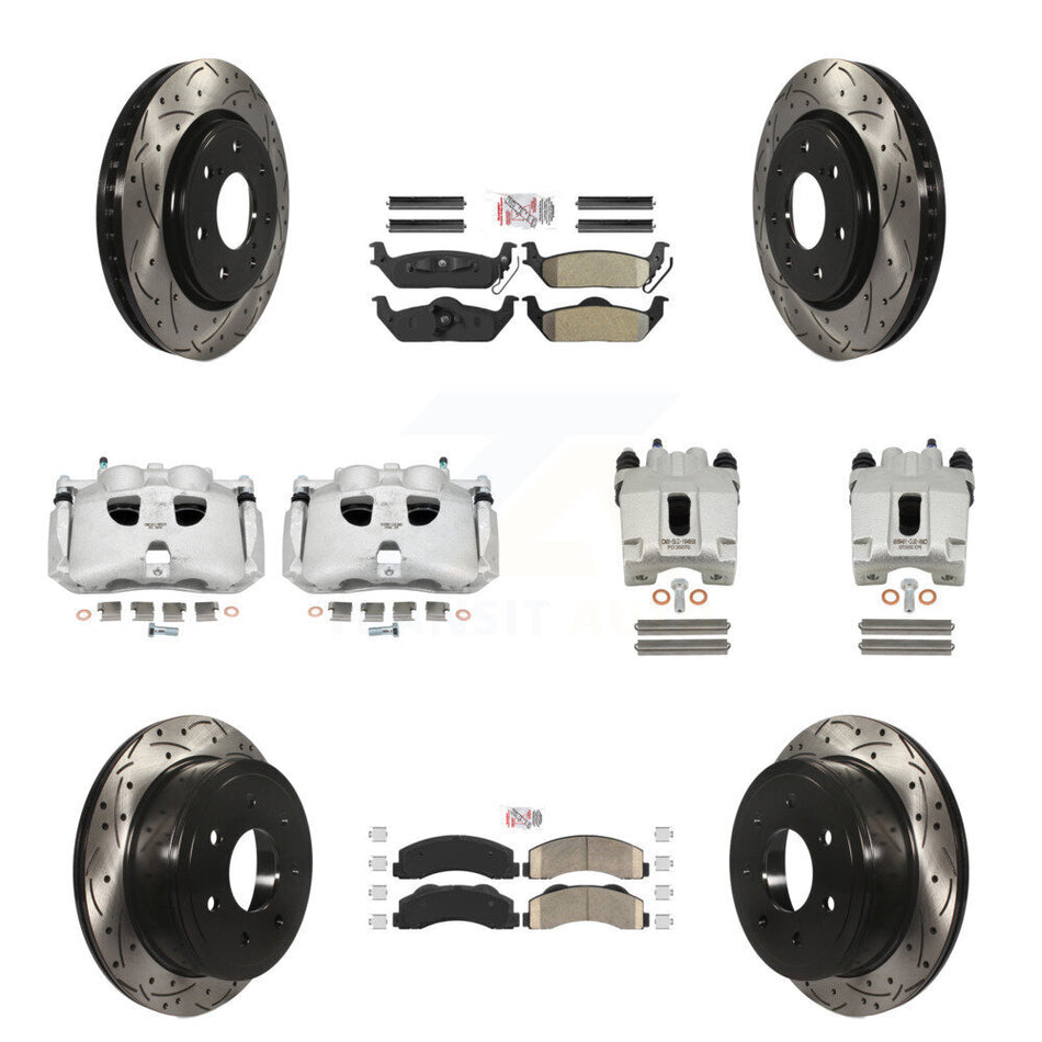 Front Rear Disc Brake Coated Caliper Drilled Slotted Rotors And PADSMATERIAL Pads Kit (10Pc) For 2010-2011 Ford F-150 With 7 Lug Wheels KCD-101174N