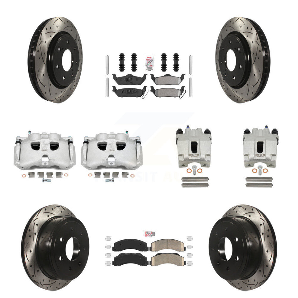 Front Rear Disc Brake Coated Caliper Drilled Slotted Rotors And PADSMATERIAL Pads Kit (10Pc) For 2010-2011 Ford F-150 With 7 Lug Wheels KCD-101175N