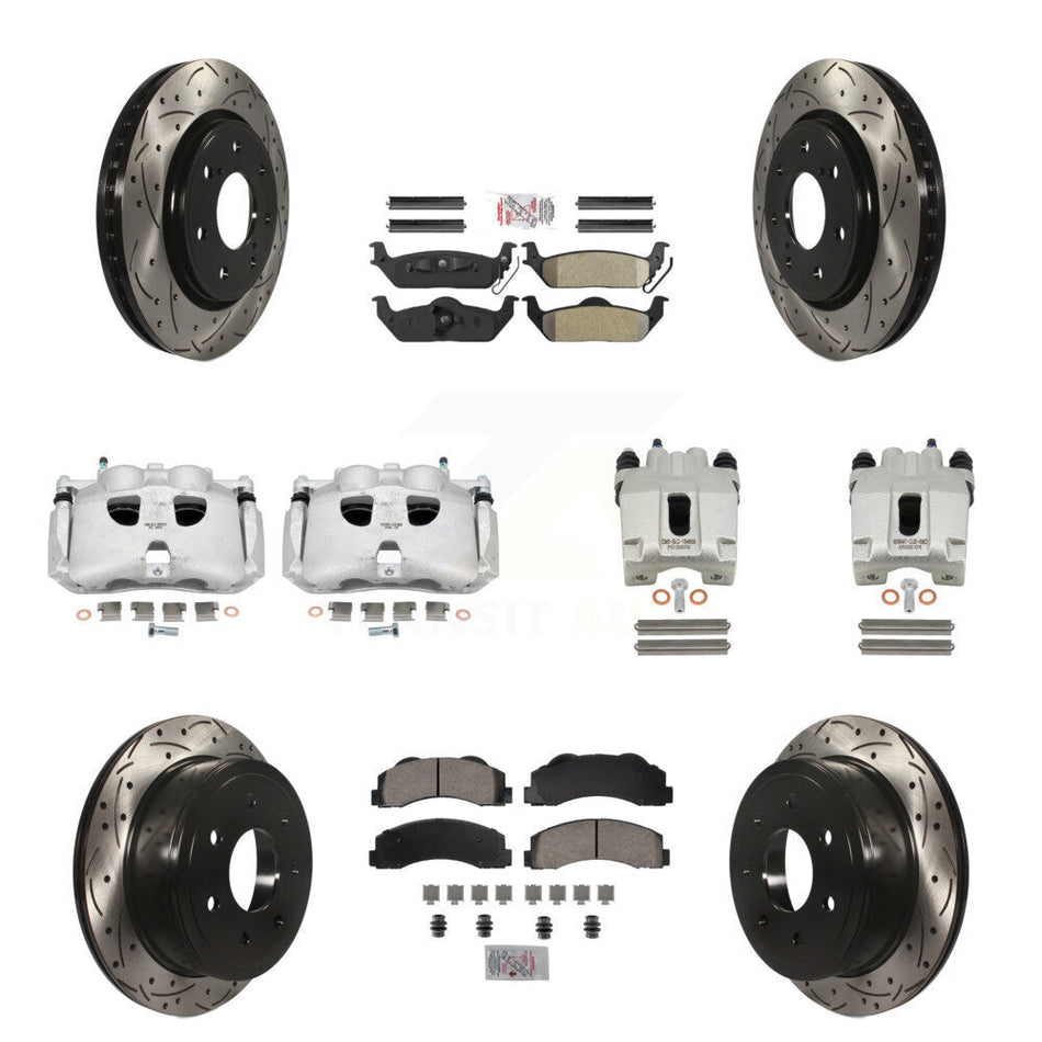 Front Rear Disc Brake Coated Caliper Drilled Slotted Rotors And Semi-Metallic Pads Kit (10Pc) For 2010-2011 Ford F-150 With 7 Lug Wheels KCD-101176N