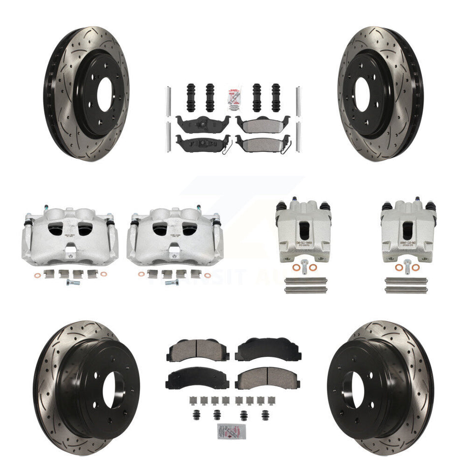 Front Rear Disc Brake Coated Caliper Drilled Slotted Rotors And Semi-Metallic Pads Kit (10Pc) For 2010-2011 Ford F-150 With 7 Lug Wheels KCD-101177N