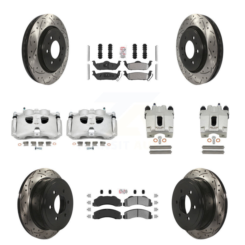 Front Rear Disc Brake Coated Caliper Drilled Slotted Rotors And Semi-Metallic Pads Kit (10Pc) For 2010-2011 Ford F-150 With 6 Lug Wheels KCD-101179N