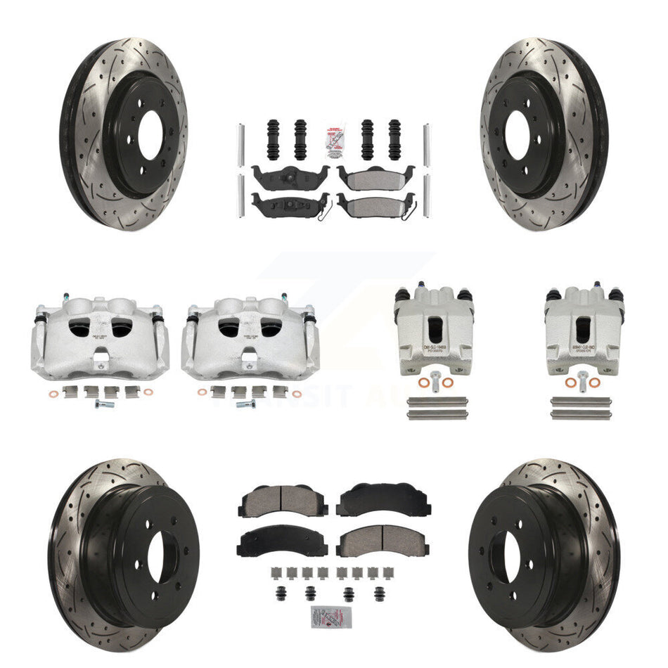 Front Rear Disc Brake Coated Caliper Drilled Slotted Rotors And Semi-Metallic Pads Kit (10Pc) For 2010-2011 Ford F-150 With 6 Lug Wheels KCD-101183N