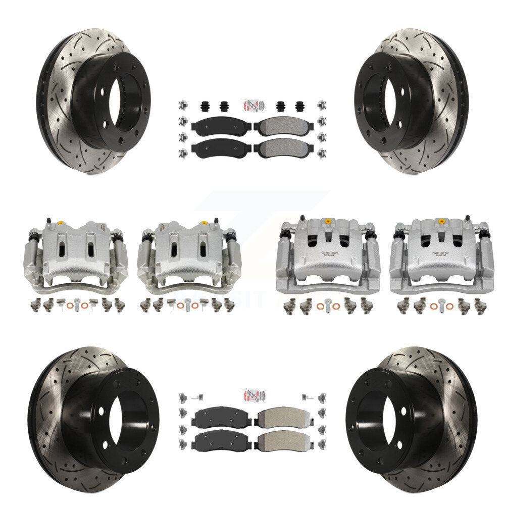 Front Rear Brake Caliper Drill Slotted Rotor Semi-Metallic Pad Kit (10Pc) For Ford F-350 KCD-101242N
