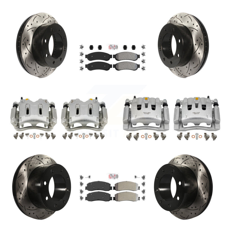Front Rear Brake Caliper Drill Slotted Rotor Semi-Metallic Pad Kit (10Pc) For Ford F-350 KCD-101242N