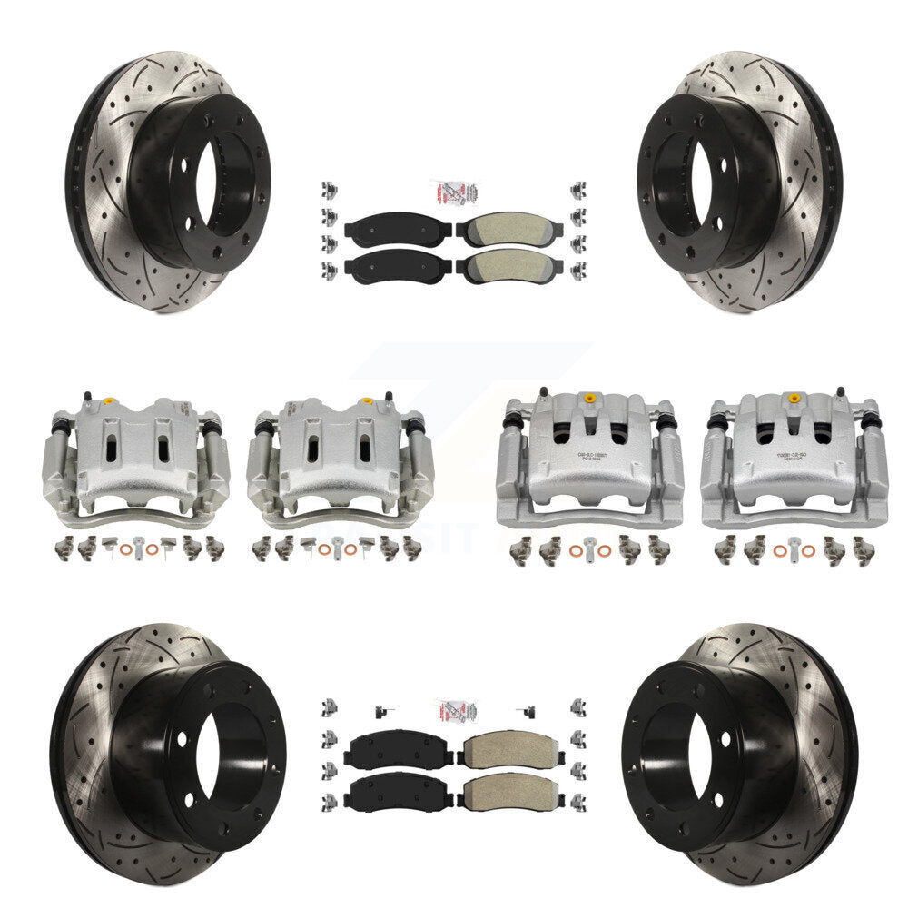 Front Rear Brake Caliper Drill Slotted Rotor Semi-Metallic Pad Kit (10Pc) For Ford F-250 KCD-101243N