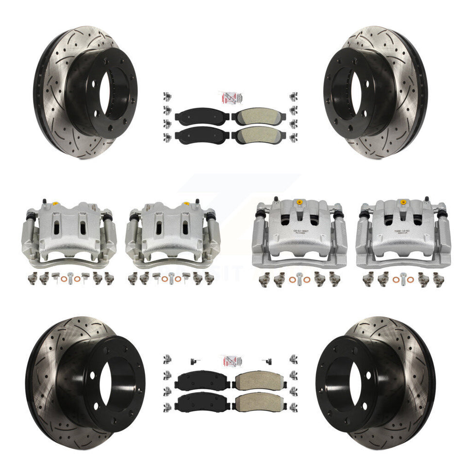 Front Rear Brake Caliper Drill Slotted Rotor Semi-Metallic Pad Kit (10Pc) For Ford F-250 KCD-101243N