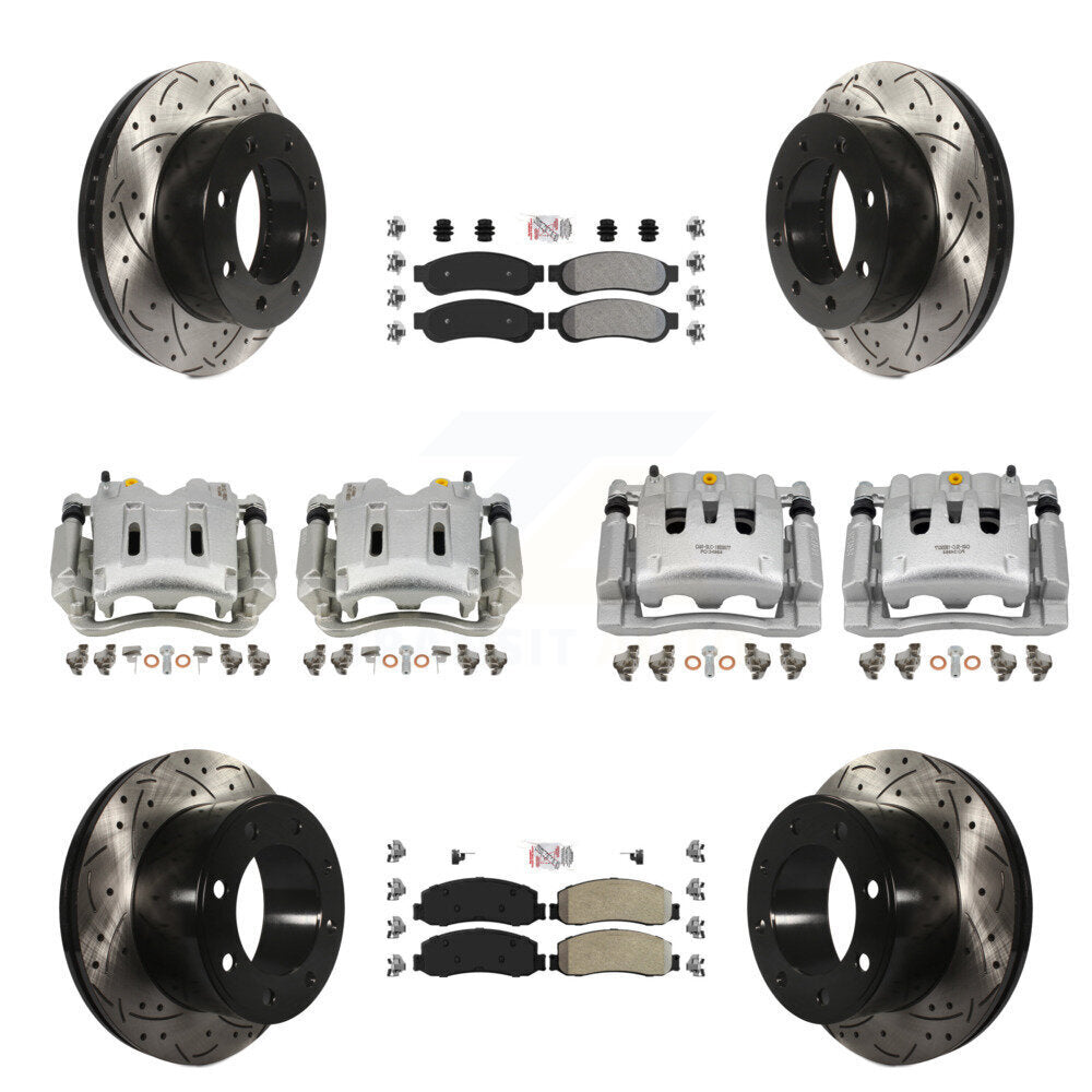 Front Rear Brake Caliper Drill Slotted Rotor Semi-Metallic Pad Kit (10Pc) For Ford F-250 KCD-101244N