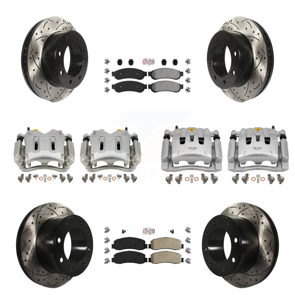 Front Rear Brake Caliper Drill Slotted Rotor Semi-Metallic Pad Kit (10Pc) For Ford F-250 KCD-101244N