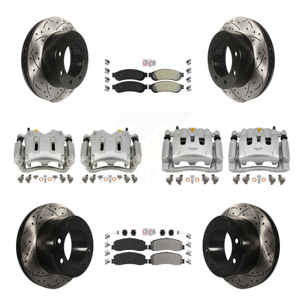 Front Rear Brake Caliper Drill Slotted Rotor Semi-Metallic Pad Kit (10Pc) For Ford F-250 KCD-101245N