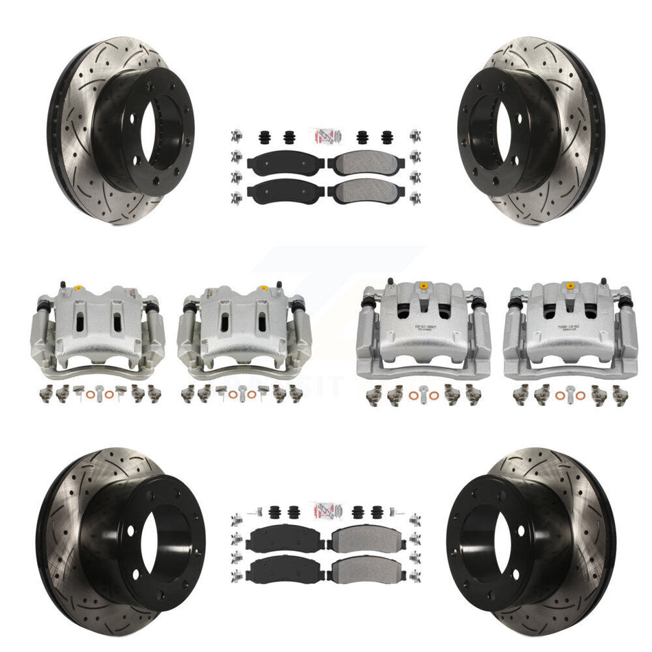 Front Rear Brake Caliper Drill Slotted Rotor Semi-Metallic Pad Kit (10Pc) For Ford F-250 KCD-101246N