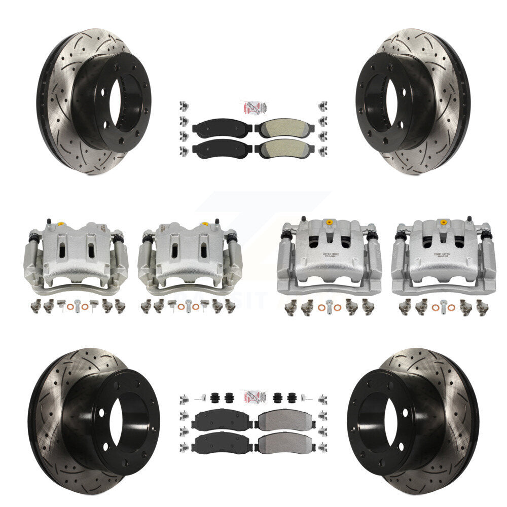 Front Rear Brake Caliper Drill Slotted Rotor Semi-Metallic Pad Kit (10Pc) For Ford F-350 KCD-101247N