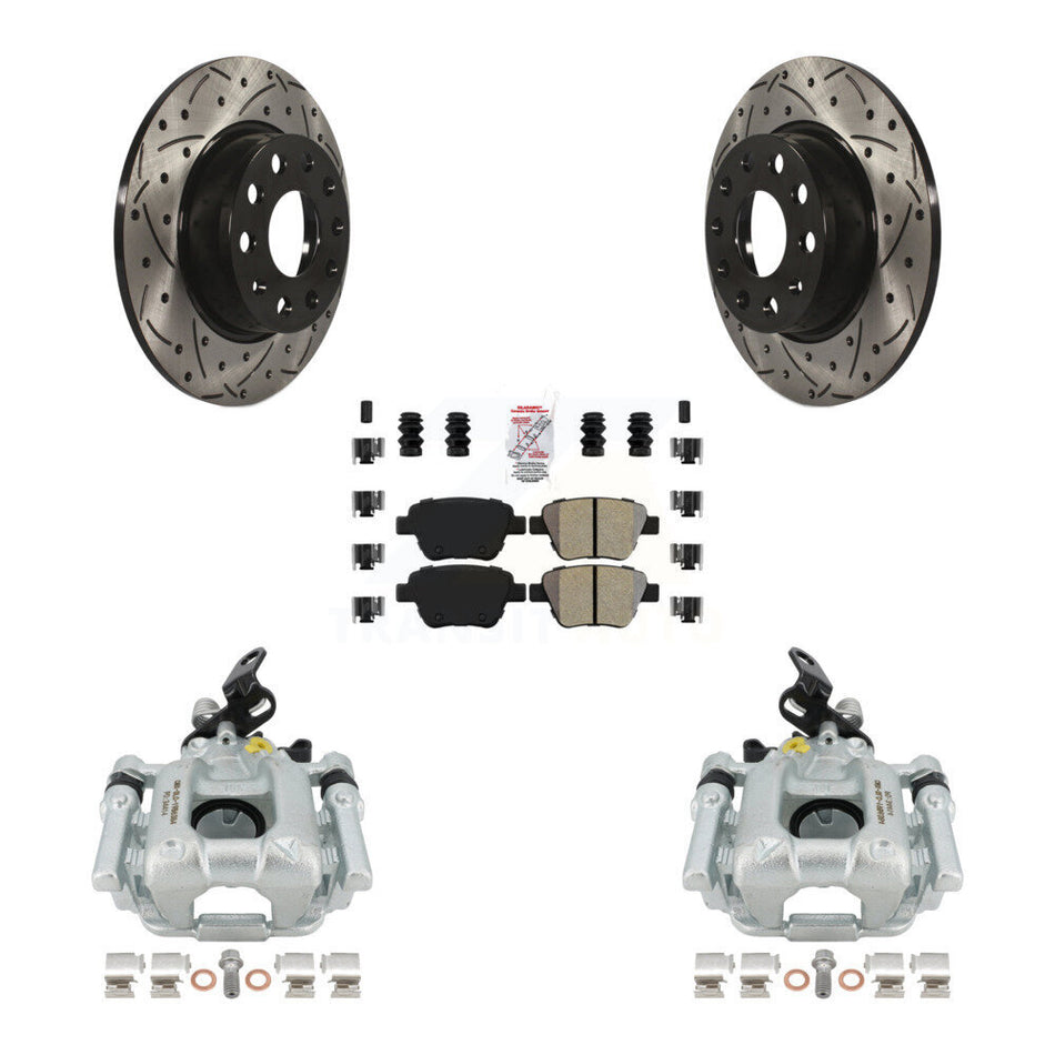 Rear Disc Brake Coated Caliper Drilled Slotted Rotors And Semi-Metallic Pads Kit For Volkswagen Jetta Passat Golf GTI Beetle Eos Audi A3 Quattro KCD-101263N by Transit Auto