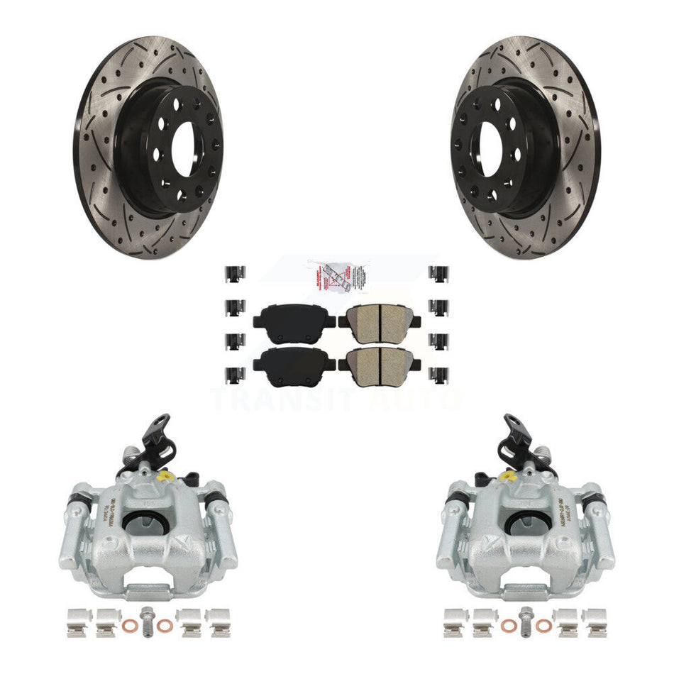 Rear Disc Brake Coated Caliper Drilled Slotted Rotors And Semi-Metallic Pads Kit For Volkswagen Jetta Passat Golf GTI Beetle Eos Audi A3 Quattro KCD-101264N by Transit Auto