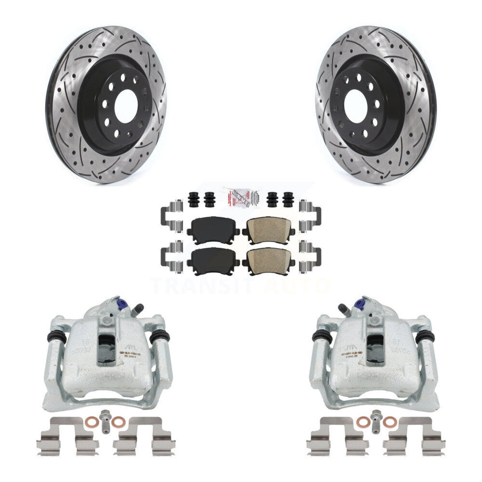 Rear Disc Brake Coated Caliper Drilled Slotted Rotors And Ceramic Pads Kit For 2010 Volkswagen CC FWD with 3.6L Without Parking Motor KCD-101273N