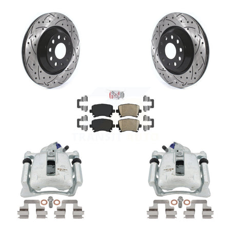 Rear Disc Brake Coated Caliper Drilled Slotted Rotors And Ceramic Pads Kit For 2010 Volkswagen CC FWD with 3.6L Without Parking Motor KCD-101274N by Transit Auto