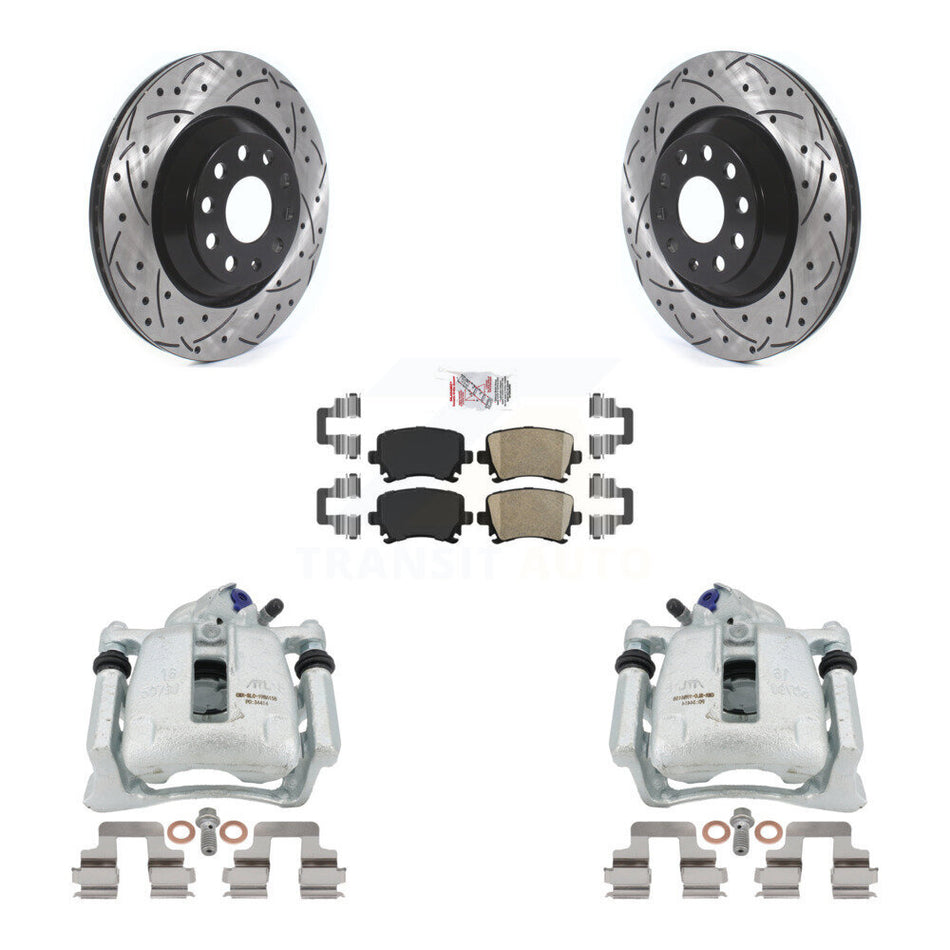 Rear Disc Brake Coated Caliper Drilled Slotted Rotors And Ceramic Pads Kit For 2010 Volkswagen CC FWD with 3.6L Without Parking Motor KCD-101274N