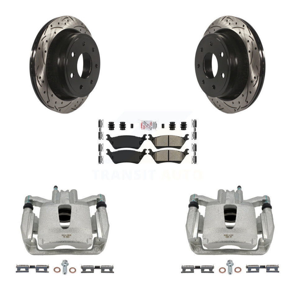 Rear Disc Brake Coated Caliper Drilled Slotted Rotors And Semi-Metallic Pads Kit For 2012-2014 Ford F-150 With 7 Lug Wheels KCD-101293N