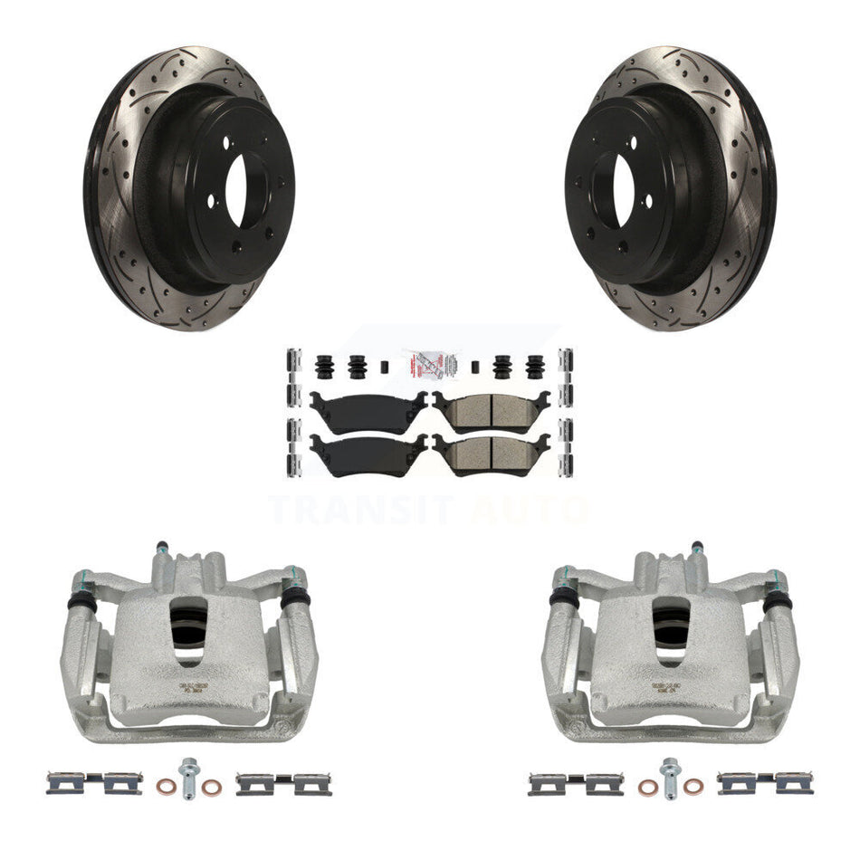 Rear Disc Brake Coated Caliper Drilled Slotted Rotors And Semi-Metallic Pads Kit For Ford F-150 KCD-101296N