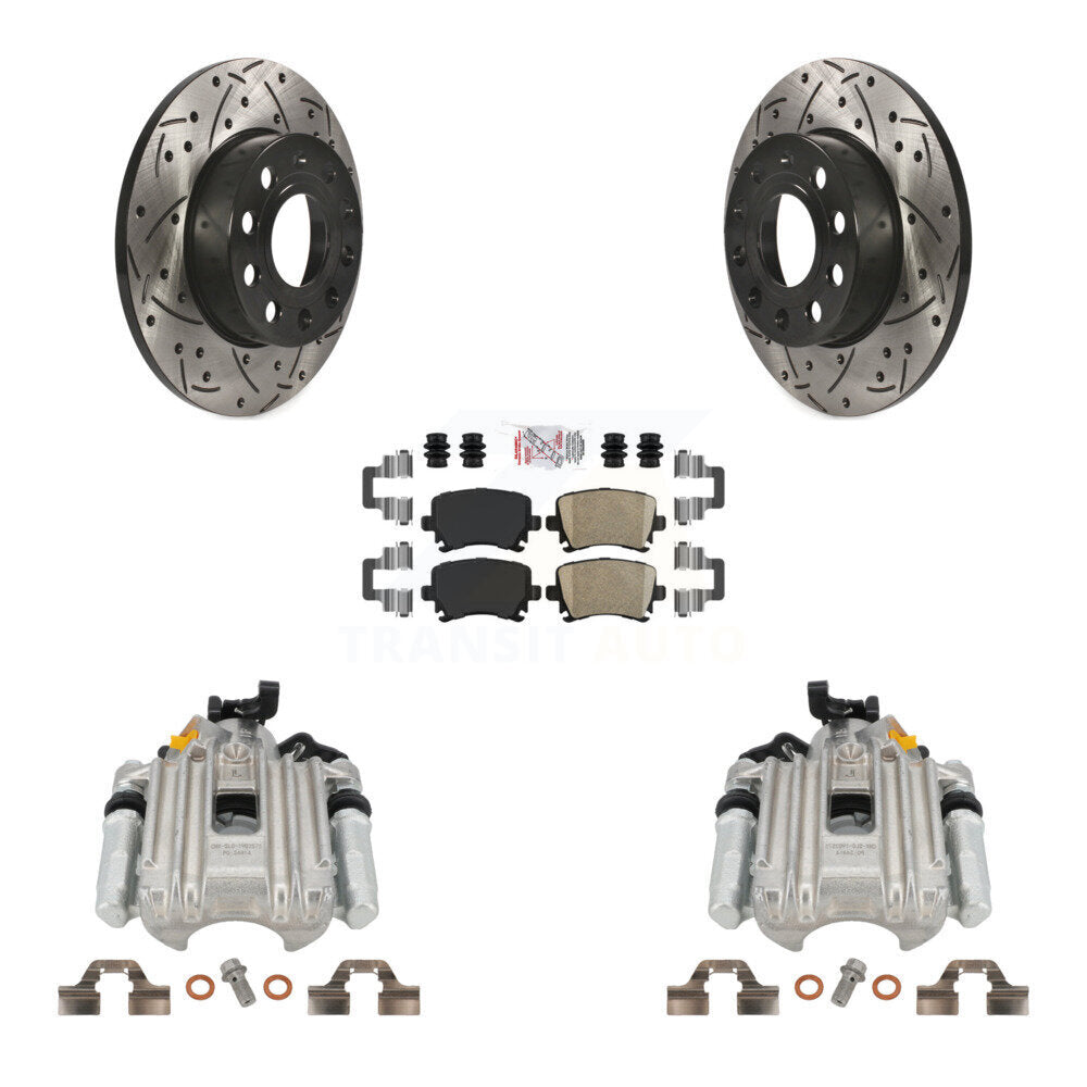 Rear Disc Brake Coated Caliper Drilled Slotted Rotors And Ceramic Pads Kit For Volkswagen Jetta With 260mm Diameter Rotor 7th 8th Digit Of VIN Is "1K" KCD-101398N by Transit Auto