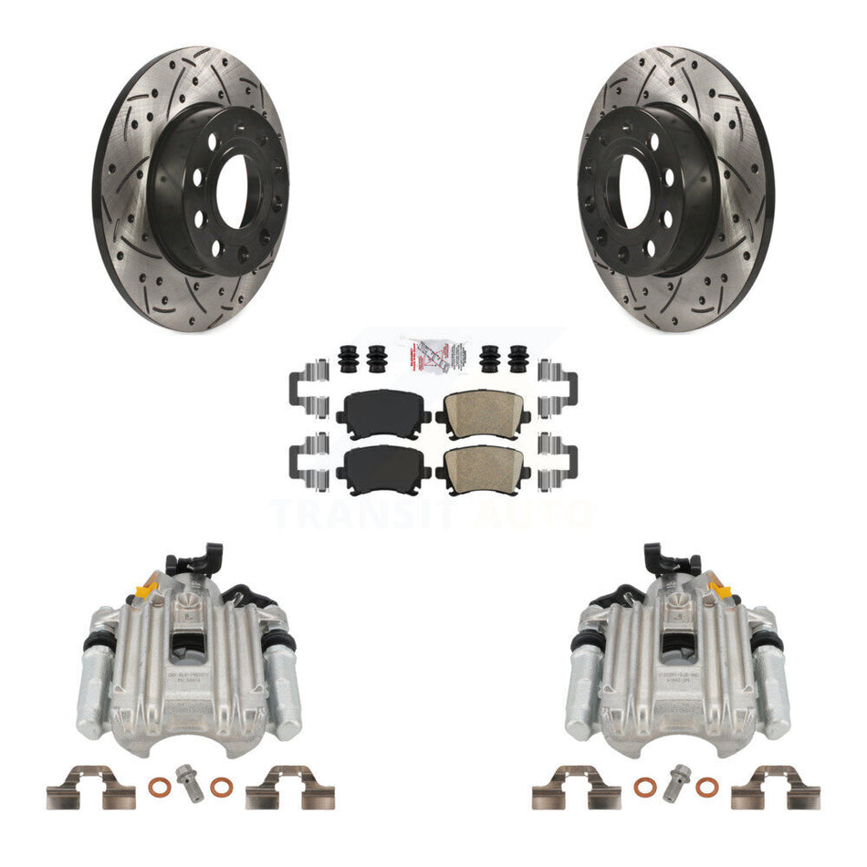 Rear Disc Brake Coated Caliper Drilled Slotted Rotors And Ceramic Pads Kit For Volkswagen Jetta With 260mm Diameter Rotor 7th 8th Digit Of VIN Is "1K" KCD-101398N