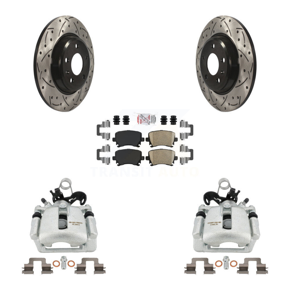 Rear Disc Brake Coated Caliper Drilled Slotted Rotors And Ceramic Pads Kit For 2009 Audi A4 Quattro Convertible With 300mm Diameter Rotor KCD-101432N by Transit Auto