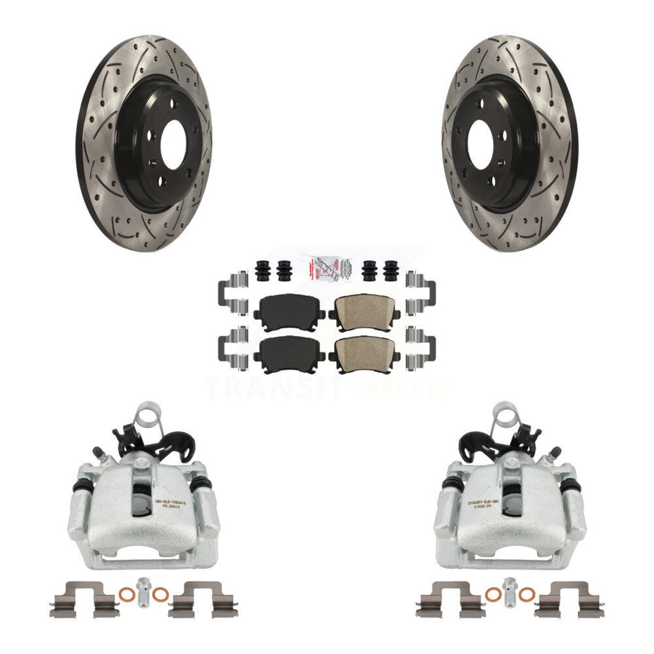 Rear Disc Brake Coated Caliper Drilled Slotted Rotors And Ceramic Pads Kit For 2009 Audi A4 Quattro Convertible With 300mm Diameter Rotor KCD-101432N
