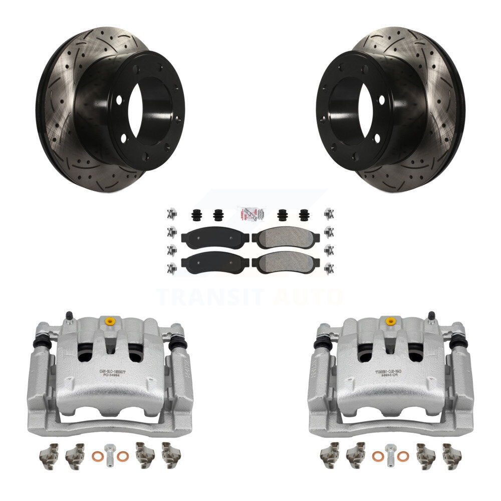 Rear Brake Coat Caliper Drill Slot Rotor Semi-Metallic Pad Kit For Ford F-250 Super Duty KCD-101435N
