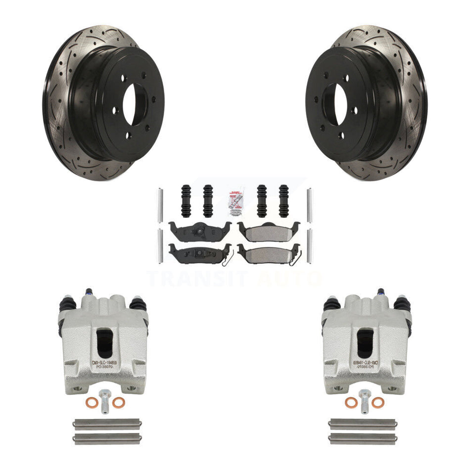 Rear Disc Brake Coated Caliper Drilled Slotted Rotors And Semi-Metallic Pads Kit For Ford F-150 Lincoln Mark LT KCD-101535N
